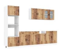 WRJENFSC Kalmar Lot de 7 armoires de cuisine modulables en bois vieilli avec armoire suspendue en verre et pieds réglables, sans plan de travail