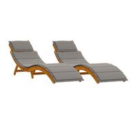 WRJENFSC Lot de 2 chaises longues en bois d'acacia massif avec dossier réglable et coussin d'assise gris, chaise longue pour jardin et terrasse, 55 x 184 x 64 cm
