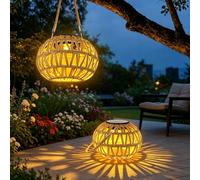 WRQIOO Lot de 2 lampes solaires en rotin - Lampes solaires pour l'extérieur - Lampe suspendue solaire Ra-Ttan - Lampe bohème - Tricotée à la main avec IP65 - Résistante aux intempéries - Pour jardin