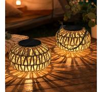 WRQIOO Lot de 2 lanternes solaires d'extérieur en rotin - Lampes solaires pour l'extérieur - Lanternes solaires en rotin étanches - Lampe de table bohème pour jardin, balcon, terrasse