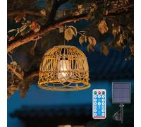 WRQIOO Solaire Suspension Bohème, Lampe Suspendue Extérieure en Rotin Tressé Naturel, IP44 Étanche, Lumière Chaude LED