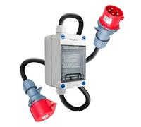 WSPIHO Compteur de courant numérique mobile 32 A, 3 phases avec LED, adaptateur CEE 32 A vers 32 A, fiche IP44 à 5 broches et connecteur avec câble d'extension CEE 2,5 mm² (32 A 1 M+1 m)