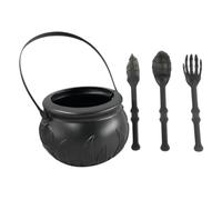 Wswqop 4 Pièces Chaudron d'halloween Seau Portable Bol de Sorcière Vaisselle Amusante en PP Léger Incluant Trois Couverts Adapté pour Les Rassemblements, Noir
