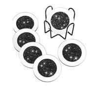 Wswqop 6 Pièces sous-verres Dessous de Verre Support Inclus Base Miroir Rond Scintillant avec Éclats de Diamant pour un Style Luxueux Convient pour Usage, Noir