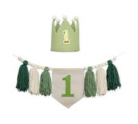 Wsymxuo Bannière pour Chaise Haute « 1er Anniversaire », Pompon en Perles de Bois, Toile de Jute, Couronne, Décoration pour Shower, Vert