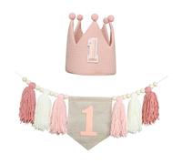 Wsymxuo Bannière pour Chaise Haute « 1er Anniversaire », Pompon en Perles de Bois, Toile de Jute, Couronne, Décoration pour Shower, Rose