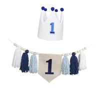 Wsymxuo Bannière pour Chaise Haute « 1er Anniversaire », Pompon en Perles de Bois, Toile de Jute, Couronne, Décoration pour Shower, Bleu
