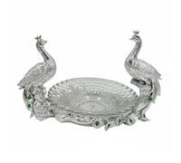 Wsymxuo Corbeille Double Paon Double Ornement Sculpté Corbeille Paon Dorée Multifonction Bol à Fruits sur Pied, Argenté + Plateau Transparent, 55.5 36.5 35.5cm
