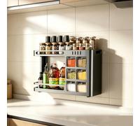 WTAILYSOUE Support à condiments mural sans trou, Organisateur de cuisine robuste antirouille à double étage avec 6 compartiments hermétiques pour pots d’épices et bouteilles d’huile