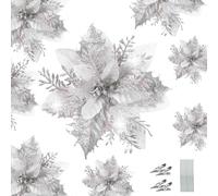 WUBAYI Lot de 12 fleurs artificielles de poinsettia à paillettes pour sapin de Noël avec 12 tiges et clips, décoration de sapin de Noël pour mariage, nouvel an, guirlande de Noël (Argent)