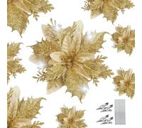 WUBAYI Lot de 12 Fleurs de Poinsettia artificielles à Paillettes avec 12 tiges et Clips pour Sapin de Noël, Mariage, Nouvel an, Guirlande de Couronne de Noël (doré)