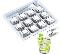 WUBAYI Lot de 12 glaçons réutilisables en acier inoxydable 304 avec pince et boîte de rangement - Glaçons de congélation pour vin/vodka/whisky/bière/jus