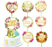 WUBAYI Lot de 8 décorations de gâteau d'anniversaire en acrylique doré (10 x 16 cm), 8 motifs élégants pour mariage, anniversaire et fêtes d'enfants, de qualité alimentaire et réutilisables (emballées