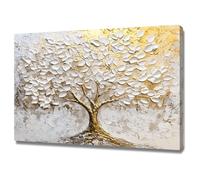 WUFIEA Arbre de vie en Impression sur toile, Sculpture d'arbre doré et blanc Affiche Murale Abstrait Image sur Toile Tableau Salon Chambre Décorations - 70x100cm Encadrée(Blanc)