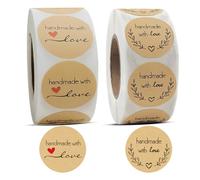 WUFKOP 2 Rouleaux de 1000 Autocollants Ronds Kraft Handmade with Love, Étiquettes Autocollantes Fait Maison pour Cadeaux, Confitures, DIY et Décoration