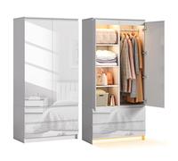 Wumagin Armoire Chambre 2 Portes avec Éclairage à Détection de Mouvement | Armoir Chambre Brillant avec 2 Grands Tiroirs et Une Tringle, Dressing Rangement Placard - Blanc