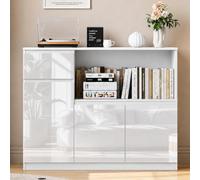 Wumagin Commode Chambre Blanche Brillante, Meuble De Rangement avec 1 Tiroir et 3 Portes, Meuble Chambre avec Surface Anti-Trace,Meuble Tiroir pour Chambre, Salon, Bureau et Couloir 90x40x82cm