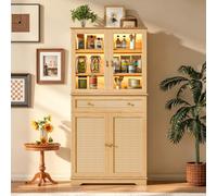 Wumagin Meuble Cuisine Éclairage LED RGB 7 Couleurs Dynamiques Télécommande, Buffet Haut Étagères Réglables Poignées Métal Rotin, Vitrine 6 Niveaux, Salon Salle à Manger, 40x80x180cm, Chêne Naturel