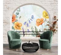 WunM Studio Papier peint panoramique nature Coquelicots et papillons,plantes à fleurs murale intissée non adhésive,colle requise,368x254cm,décoration salon chambre