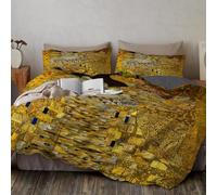 WunM Studio Parure de lit Impression de Baiser de Klimt- Housse de Couette Motif Impression de Texture de Peinture à l'huile Classique Jaune de + 2 Taies d'oreiller 65x65cm, Polyester,200x200cm