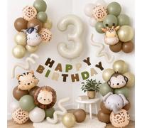 Wuokkig Ballons Safari, Décoration Anniversaire 3 An, Kit 53 Pièces | Kit 53 pièces avec ballon chiffre 3 de 32 pouces, animaux safari, ballons latex et bannière Joyeux Anniversaire