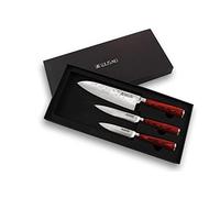 Wusaki - Coffret 3 couteaux de cuisine Pakka lames martelées acier inoxydable allemand X50 bois Pakkawood Santoku + Universel + Office vendu en coffret cadeau