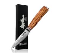 Wusaki - Couteau d'Office Design Japonais Lame Damas 9cm en Acier Inox 10Cr Manche Olivier - Vendu dans un Coffret Cadeau