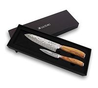 Wusaki Damas 10Cr Coffret de 2 couteaux de cuisine : santoku + couteau d'office - Lames damassées et manches en bois d'olivier