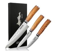 Wusaki Damas 10Cr Coffret de 3 Couteaux de Cuisine : Chef + Universel + Office avec Lames Damas et Manches en Bois d'Olivier - Boîte idéale à offrir
