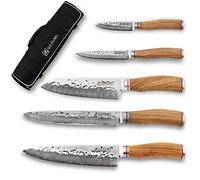 Wusaki Damas 10Cr Mallette de 5 couteaux de cuisine, acier 10Cr, lames damassées, manches en bois d'olivier