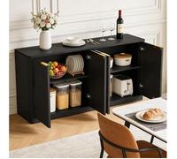 WUVRIE Buffet bas 150 cm 4 portes noir en MDF, design ondulé, meuble de rangement pour salon ou salle à manger