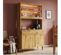 WUVRIE Buffet haut 100 x 40 x 185 cm decor chene avec LED prises integrees USB-A USB-C et portes vitrees