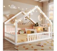 WUVRIE Lit cabane enfant 140 x 190 cm blanc avec barrières, étagères latérales, LED, pin massif, sans matelas