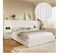 WUVRIE Lit rembourré 180 x 200 cm en velours beige avec tête de lit LED USB et chevets intégrés
