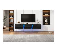 WUVRIE Meuble TV mural suspendu 180 x 35 x 30 cm, LED contrôlé par application, 3 portes abattantes, noir