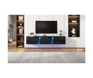 WUVRIE Meuble TV mural suspendu 180 x 35 x 30 cm, LED contrôlé par application, 3 portes abattantes, noir