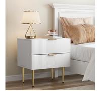 WUVRIE Table de chevet blanche 2 tiroirs, façade rainurée, pieds en métal, 53 x 41,5 x 52,5 cm