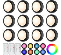 WUYOR Lot de 12 lampes LED sans fil pour dessous d'armoire, 16 couleurs, à coller sous un comptoir, avec télécommande, luminosité RVB réglable, noir