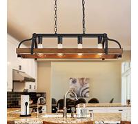 WUZUPS 4-Light métal Pot Suspendu Rack Lustre Imitation Bois Grain linéaire Suspension plafonnier luminaire Rustique Ferme luminaire Cuisine îlot Salle à Manger, h25 x l88 x w30, Base e27, Noir