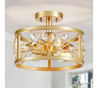 WUZUPS Lustre Feuille de Cristal 3 Lumières Vintage Ferme Industriel Semi-Encastré Plafonnier Luminaire Moderne Foyer Couloir Salle de Rangement Cuisine Salle de Bain, H 22 L 30, Or