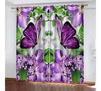 WWJNF Rideau Occultant, Fleurs De Papillon Violet Isolation Thermique Rideaux De Fenêtre pour Décoration De Maison Salon Cuisine Chambre Fille Enfant Bébé À Coucher 2 Panneaux L 182 X H 214Cm