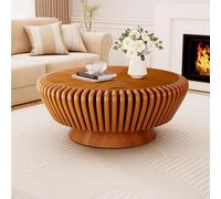 Wxnnx Round Coffee Table with Storage Lid, Wood Fluted Drum Design for Living Room, Hidden Compartment Circle Center Table for Apartment Small Space, Easy Assembly