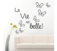 WYFCL Stickers Muraux, La Vie Est Belle Dictons Français Stickers Muraux Beau Papillon Décoration De La Maison Bricolage Vinyle Mur 84X59Cm