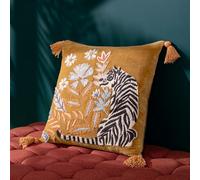 Wylder Coussin rembourré en Coton brodé avec Pompons et Plumes Motif Tigre Blanc