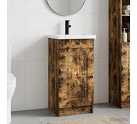 Wynira Armoire de salle de bain avec lavabo, chêne fumé, 42 x 40 x 84,5 cm, espace de rangement, porte, étagère, boutons en métal, meuble de salle de bain, meuble de salle de bain, peu encombrant