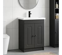 Wynira Ensemble de meubles de salle de bain en bois noir avec lavabo et robinet 56 x 37,5 x 81 cm, meuble de salle de bain avec espace de rangement, porte, étagère, poignées à boutons, peu encombrant