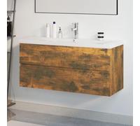 Wynira Meuble de lavabo avec lavabo encastré - En bois de chêne fumé - 100 x 38,5 x 45 cm - Meuble de salle de bain avec tiroir et porte - Montage mural pour salle de bain - Organisateur de rangement