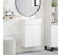 Wynira Meuble de salle de bain blanc brillant avec lavabo en céramique et robinet mitigeur, meuble de salle de bain peu encombrant, armoire suspendue avec espace de rangement, porte réversible