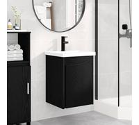 Wynira Meuble de salle de bain en chêne noir avec lavabo et mitigeur en céramique, montage mural, peu encombrant, espace de rangement, vidage poussoir, meuble de salle de bain pour WC et buanderie