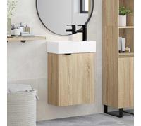 Wynira Meuble de salle de bain en chêne Sonoma avec lavabo et mitigeur noir, montage mural, espace de rangement avec tiroir et compartiment, peu encombrant, pour toilettes et meubles de salle de bain